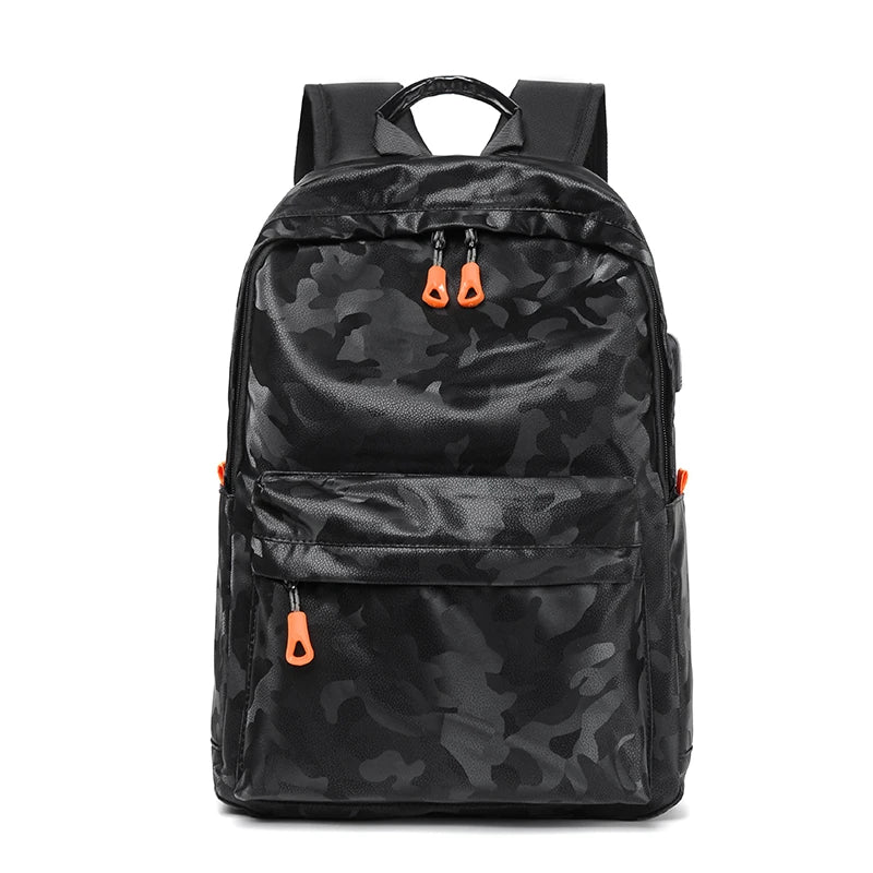Black camouflage backpack with orange zippers on a white background