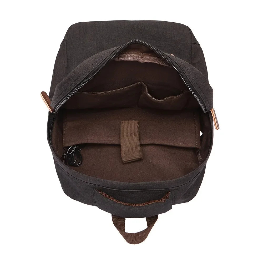 Brown backpack with open front compartment on a white background