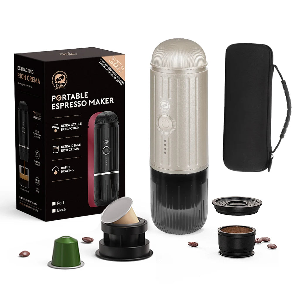 Portable espresso maker with accessories and packaging on a white background