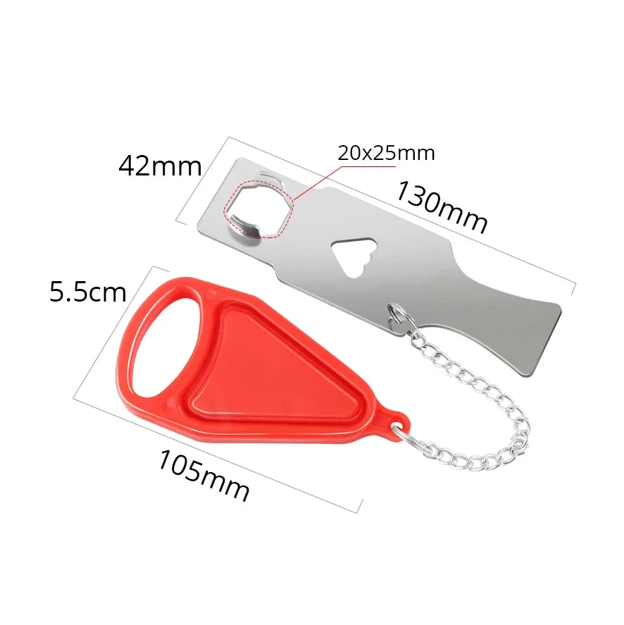 Red bottle opener with chain and silver bottle opener with measurements on a white background