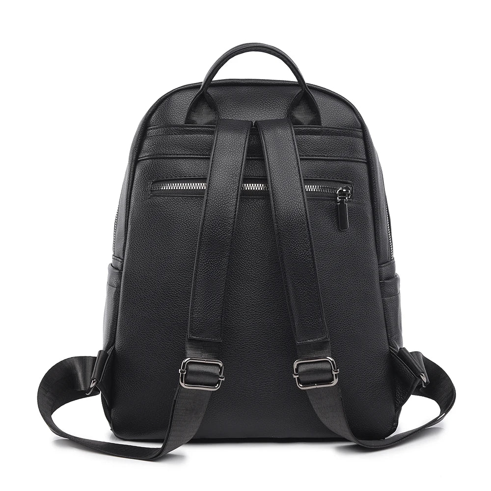 Black backpack with multiple zippers on a white background