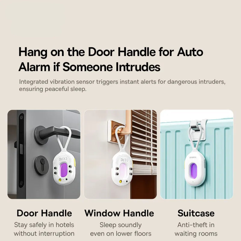 Baseus door handle alarm system with text on a beige background