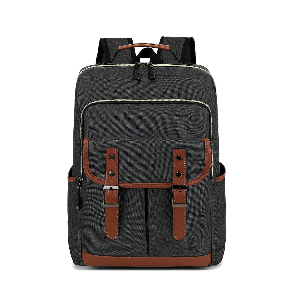 Gray backpack with brown accents on a white background