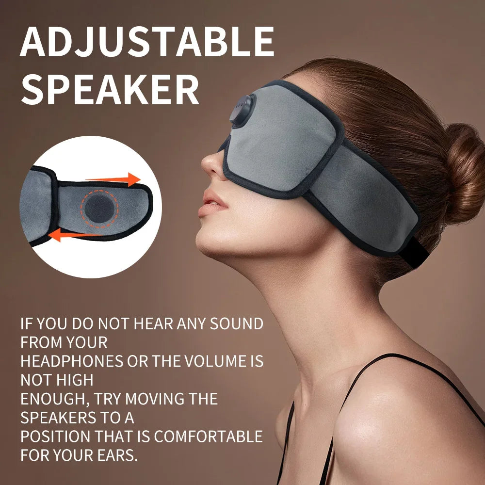 Woman wearing an adjustable sleep mask with text on a brown background