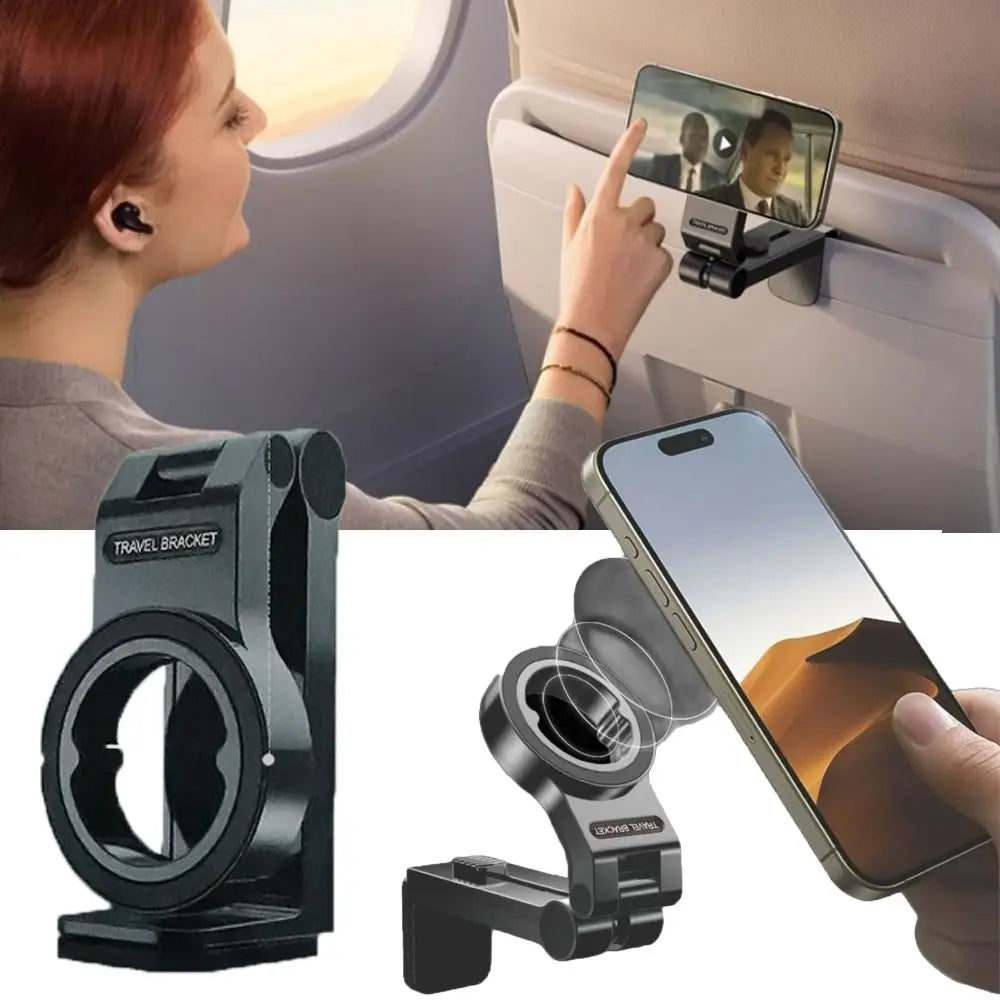 Woman using a travel bracket to watch a video on her phone, with close-up details of the bracket and phone.