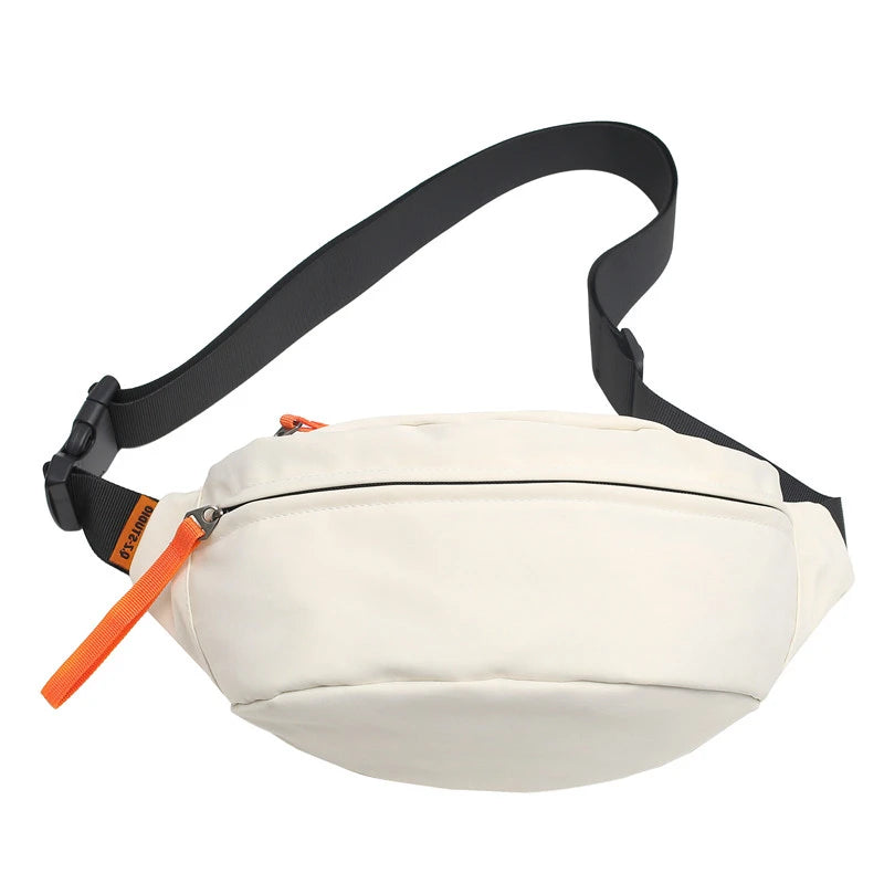 White waist bag with black strap and orange zipper on a white background