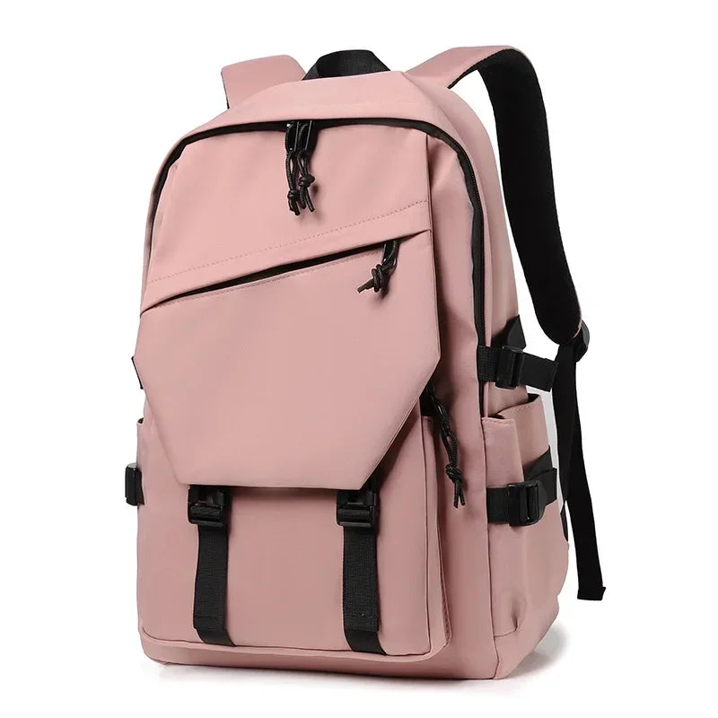 Pink backpack with black straps on a white background
