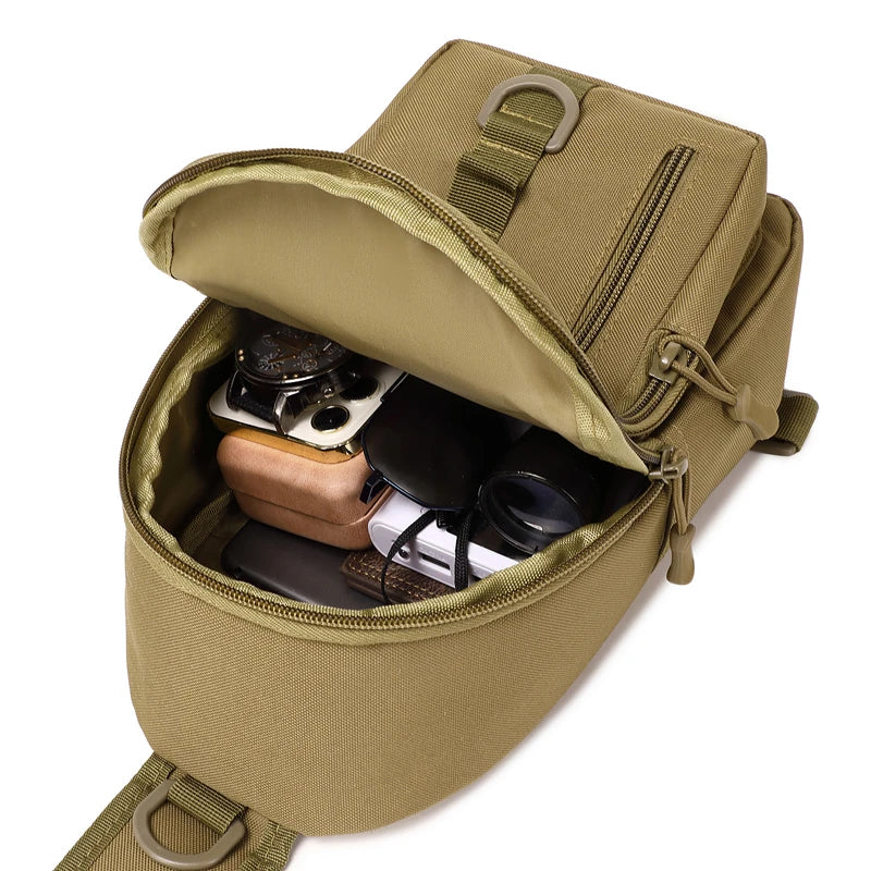 Kaki green tactical pouch with compartments and straps on a white background