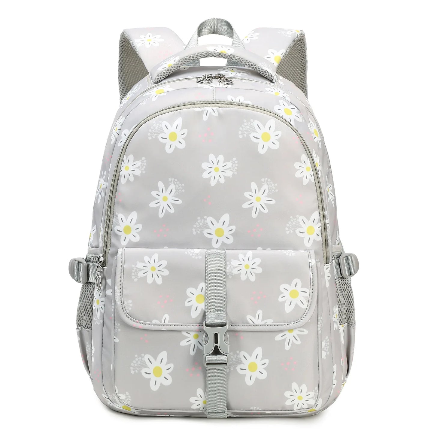 Gray backpack with white daisy pattern on a white background