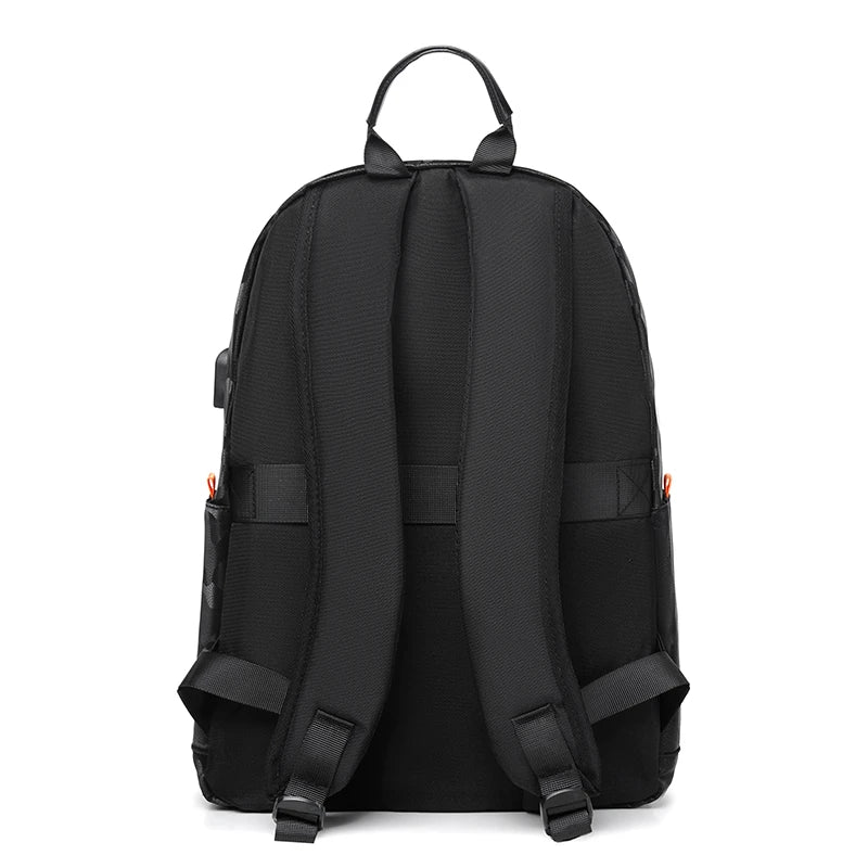 Black backpack shown from the back on a white background