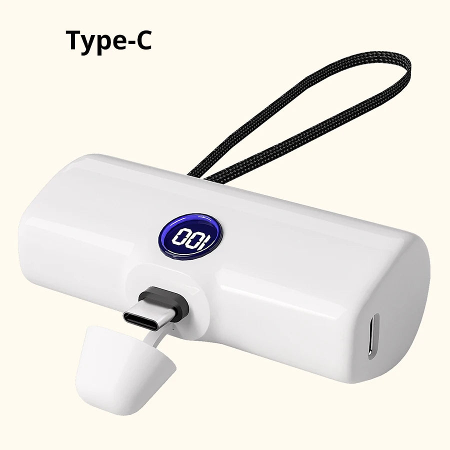 White power bank with digital display and Type-C connector on a white background
