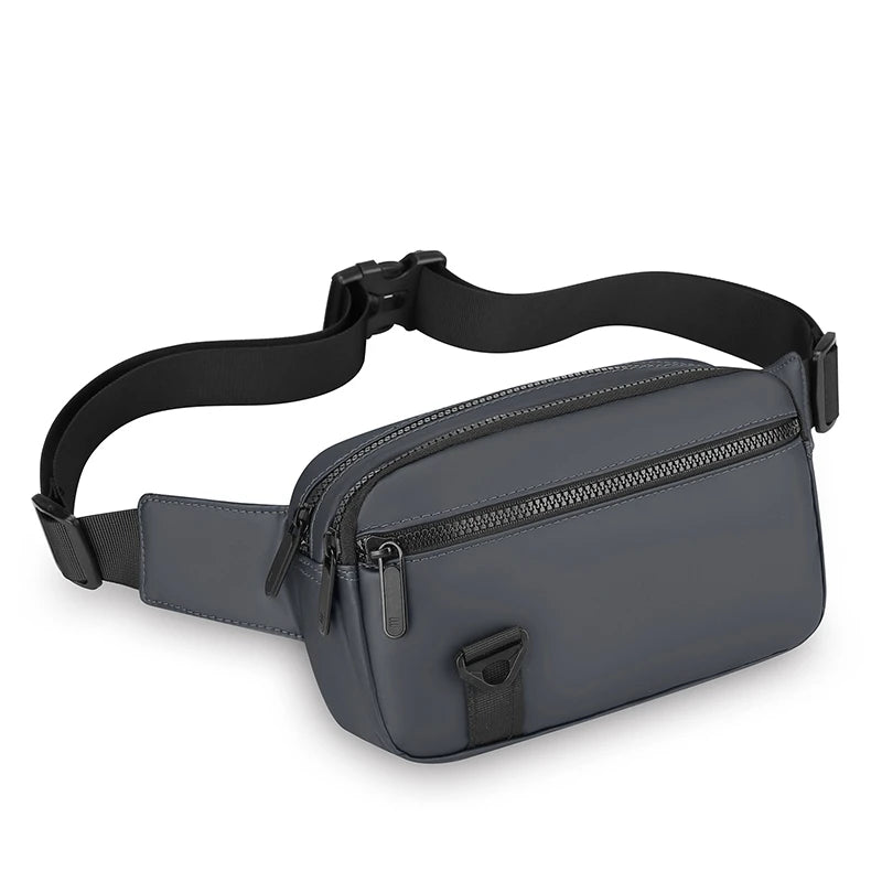 Gray waist bag with a black strap on a white background