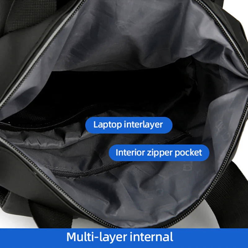 Open black backpack showing laptop interlayer and interior zipper pocket with text labels.