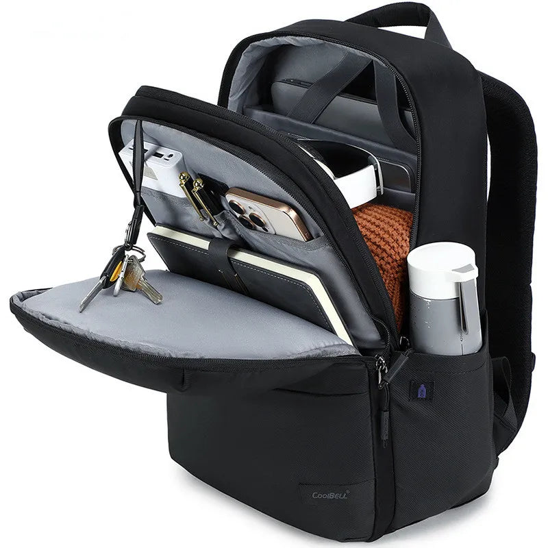 Black backpack with compartments containing a phone, water bottle, and other items on a white background