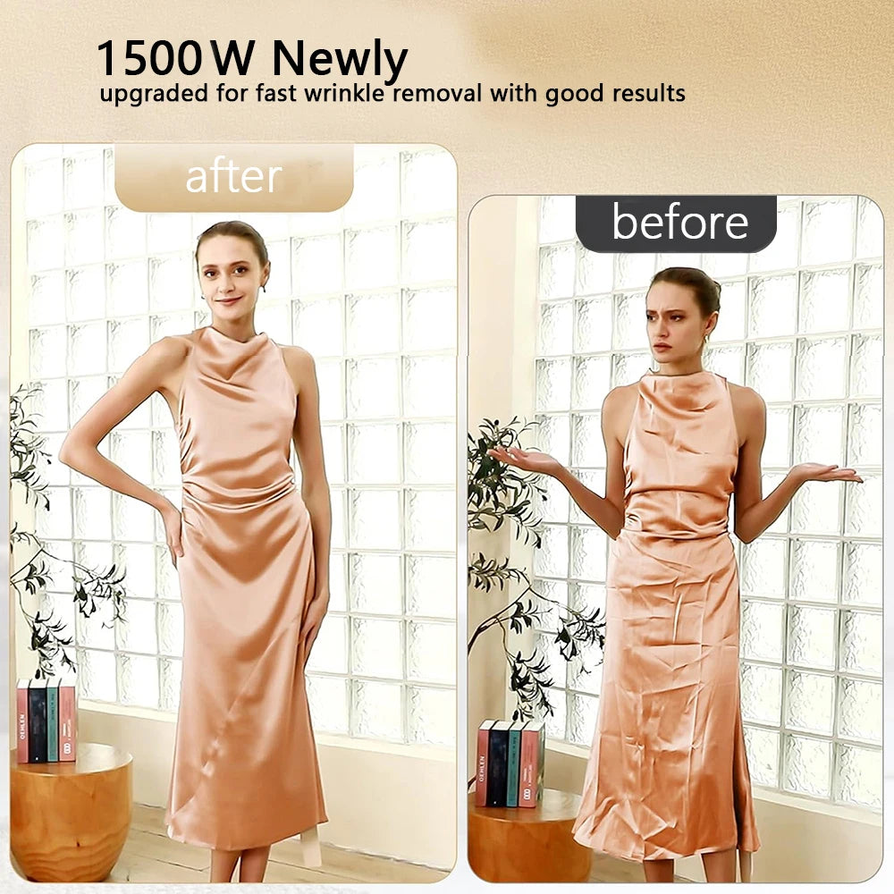 Before and after comparison of a woman wearing a peach dress with wrinkle removal technology.