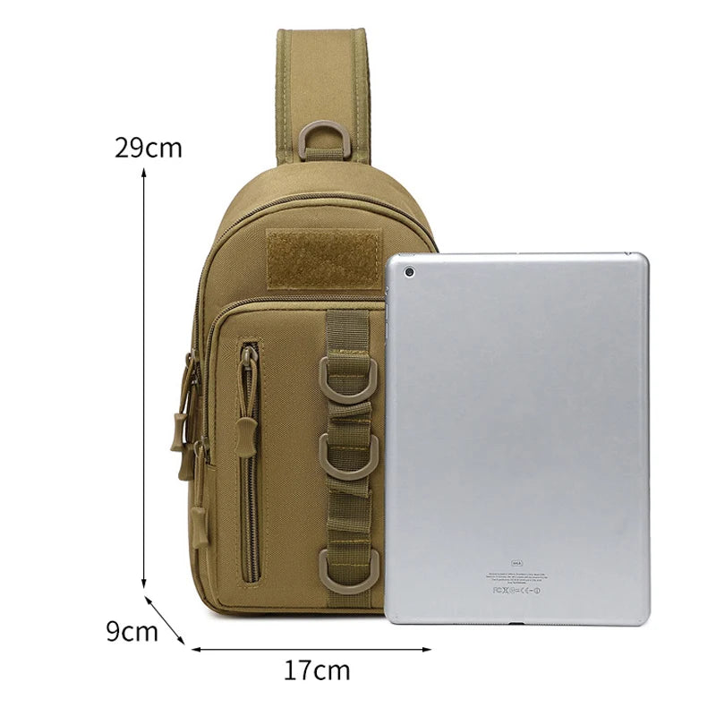 Tan sling bag with measurements and a tablet for scale on a white background