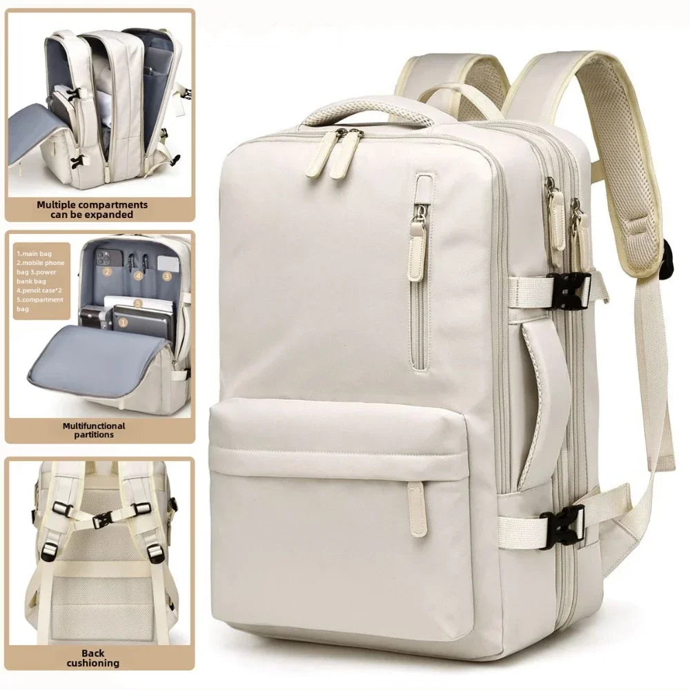 Beige backpack with multiple compartments and features on a white background