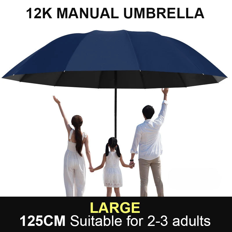 Large blue umbrella held by a family with text indicating size and brand.
