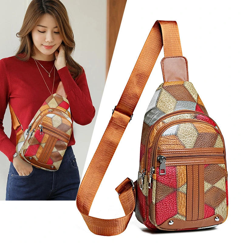 Woman holding a patterned sling bag with a close-up of the bag on a white background