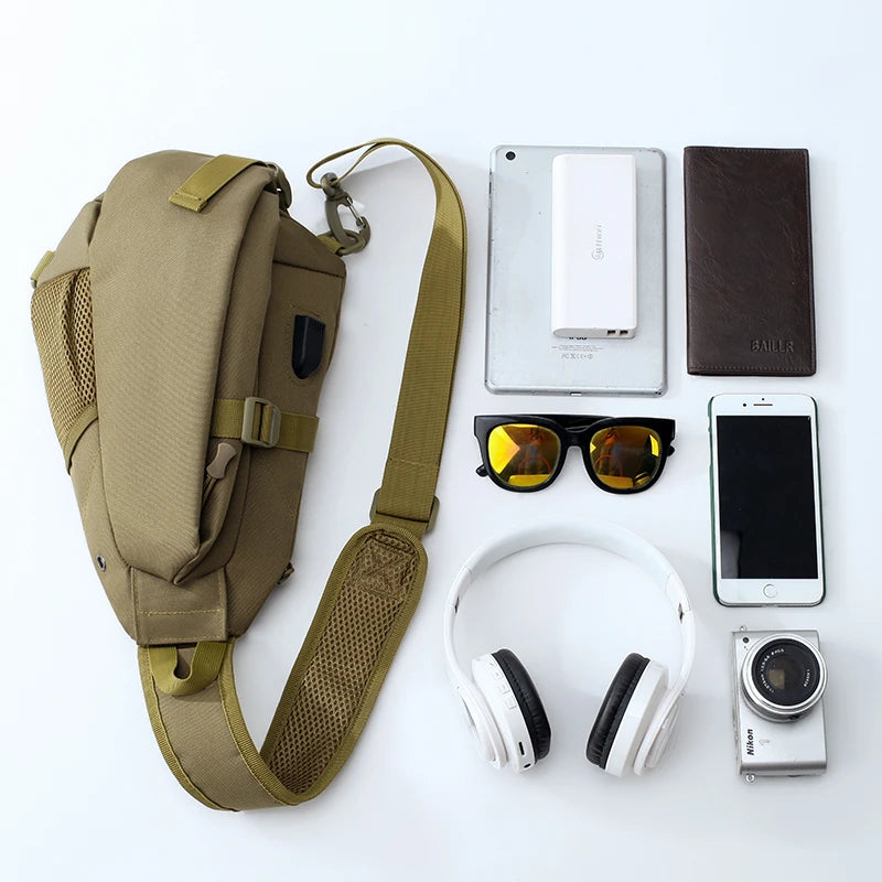 Collection of travel essentials including a beige sling bag, phone, wallet, camera, sunglasses, and headphones on a white background.