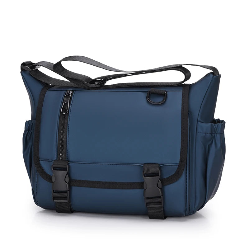 Blue bag with black straps on a white background