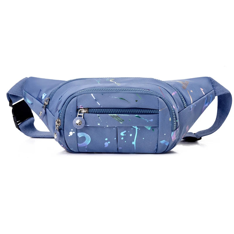 Blue waist bag with abstract pattern on a white background