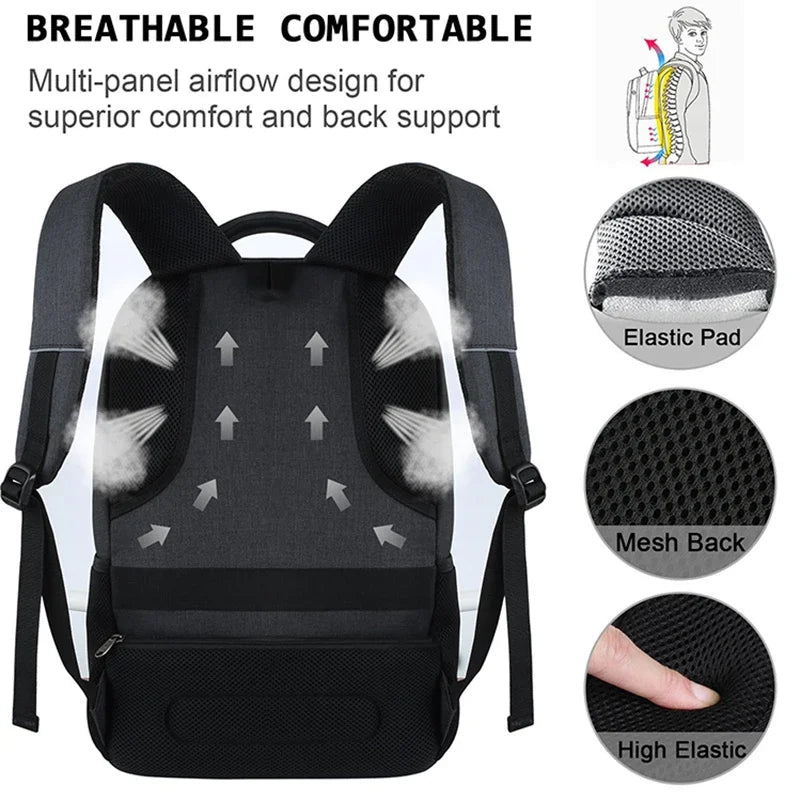 Black backpack with breathable design features and text highlighting comfort and back support.