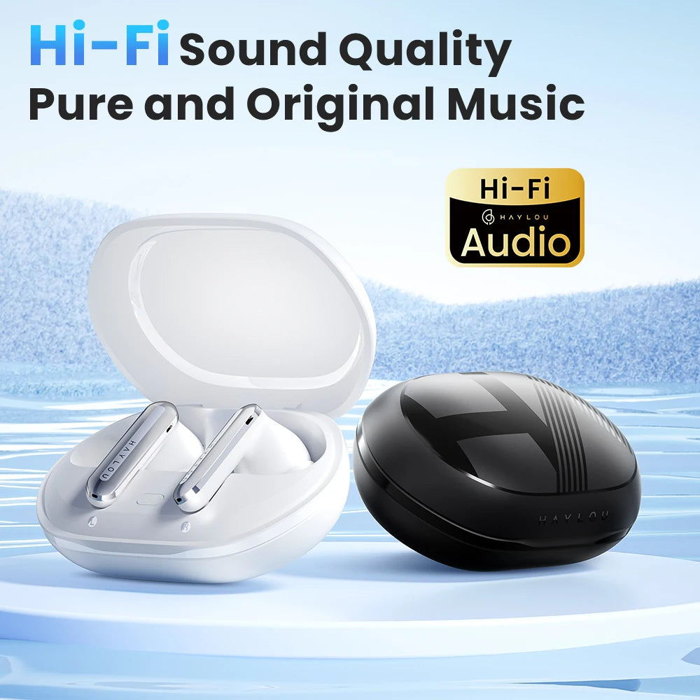Wireless earbuds in a white case with 'Hi-Fi Audio' branding on a blue gradient background