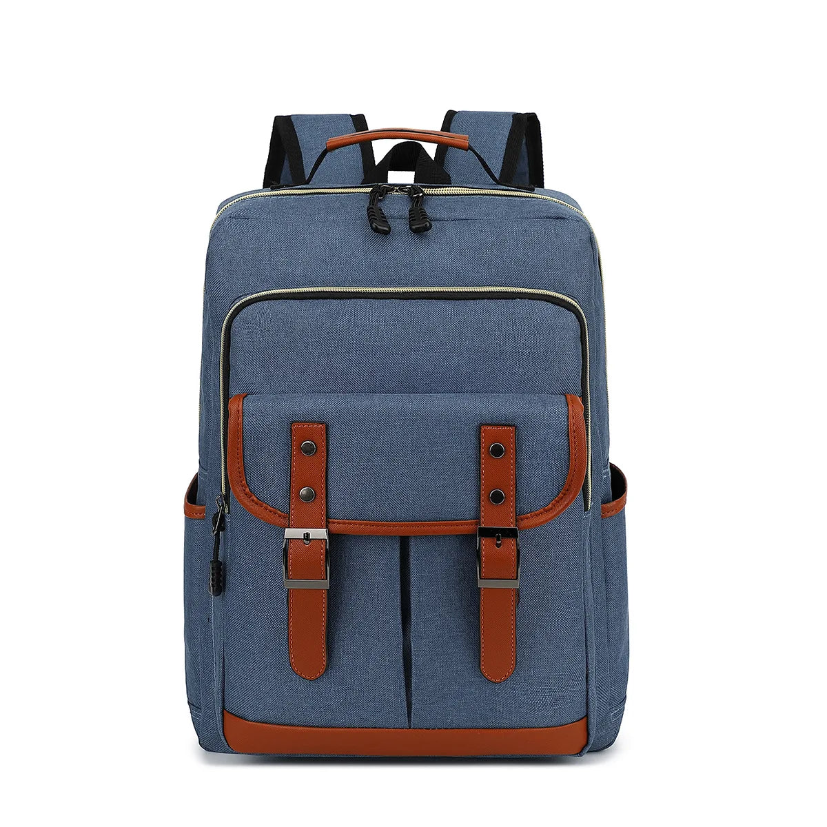 Blue backpack with brown accents on a white background