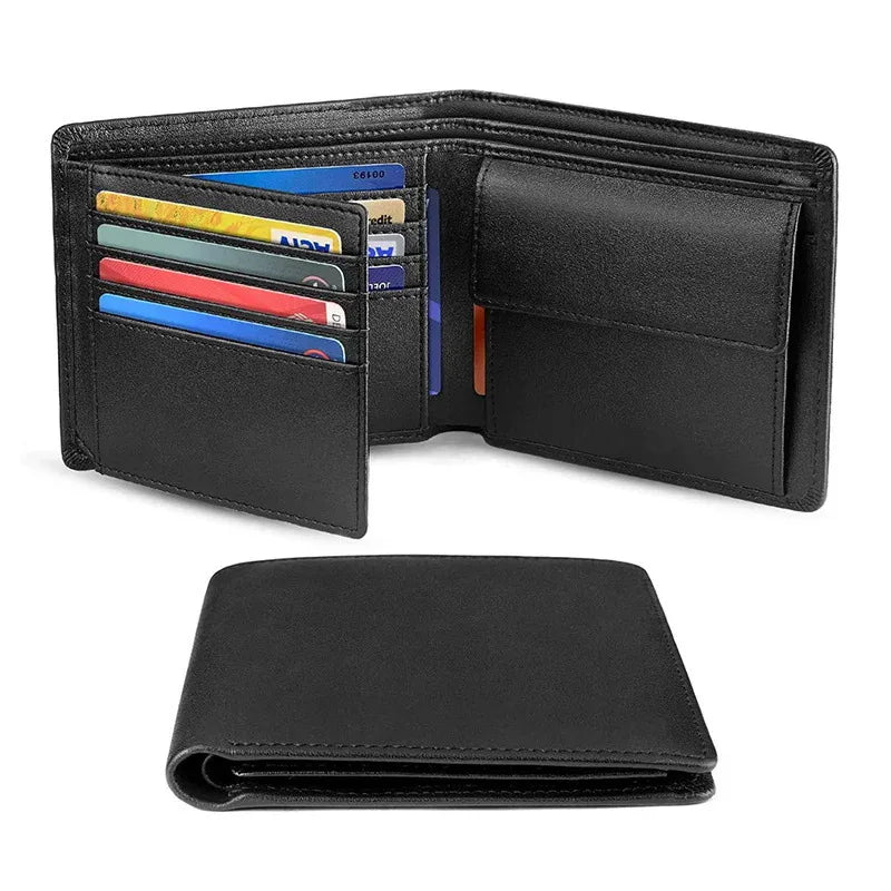 Black leather wallet with colorful cards on a white background