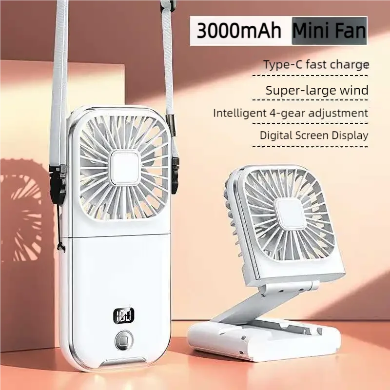 3000mAh Mini Fan with digital screen display on a peach background
