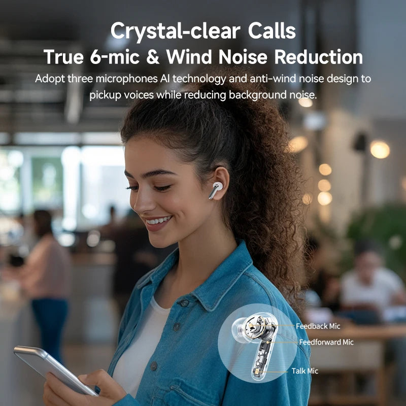 Woman using wireless earbuds with text about crystal-clear calls and noise reduction technology.