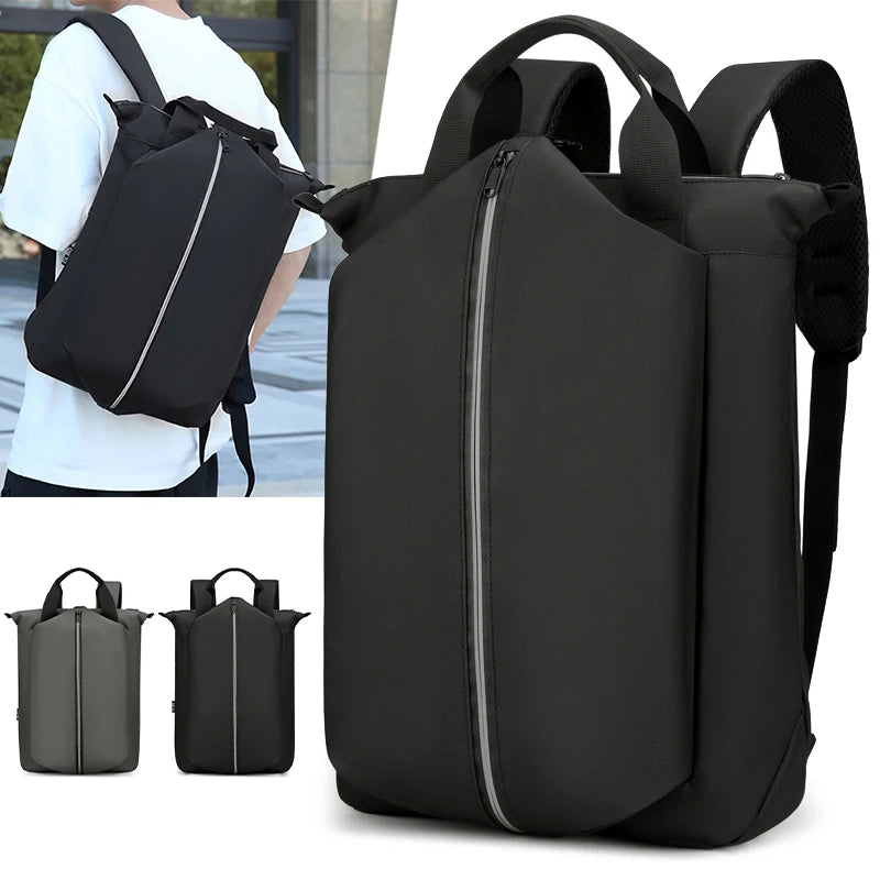Black backpack with a person wearing it and additional views on a white background