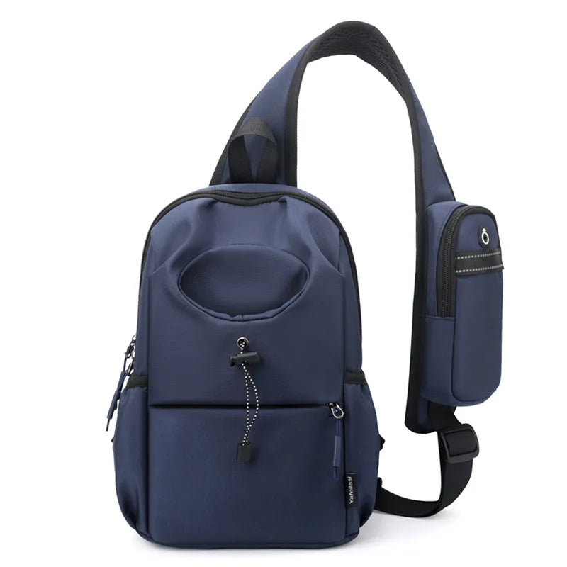 Navy blue sling bag with a strap on a white background