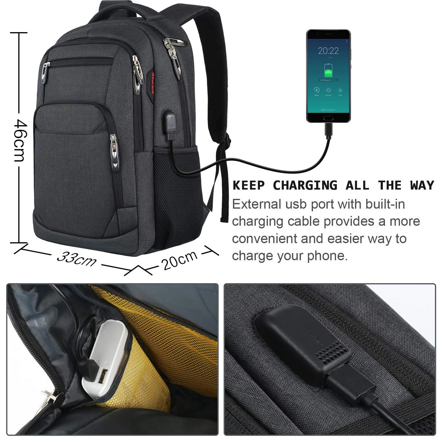 Black backpack with USB charging port and smartphone illustration, showing dimensions and features.