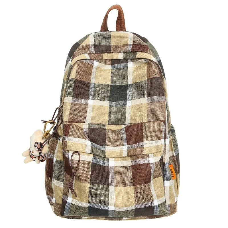 Plaid patterned backpack on a white background
