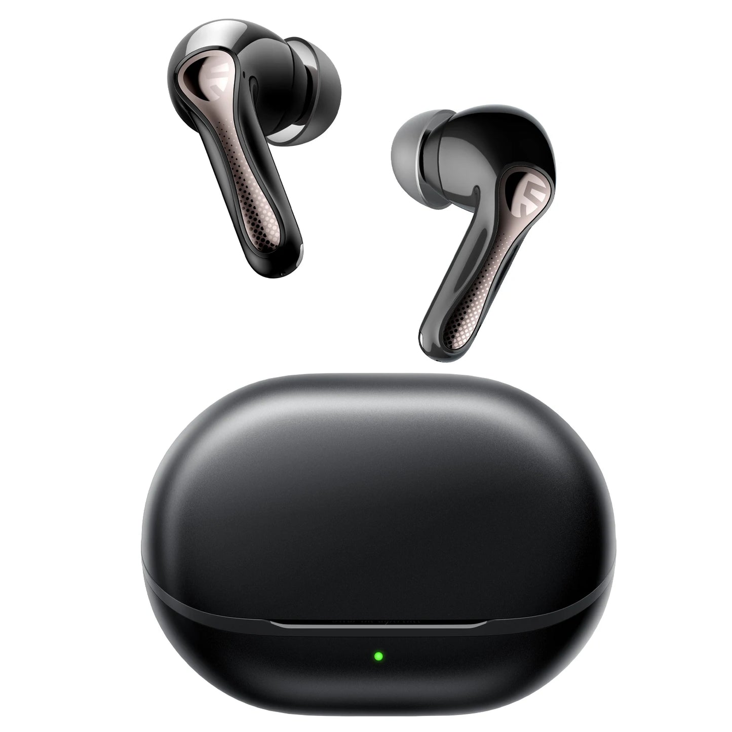 Black wireless earbuds with charging case on a white background