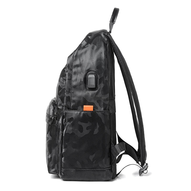 Black camouflage backpack with a visible brand logo on a white background