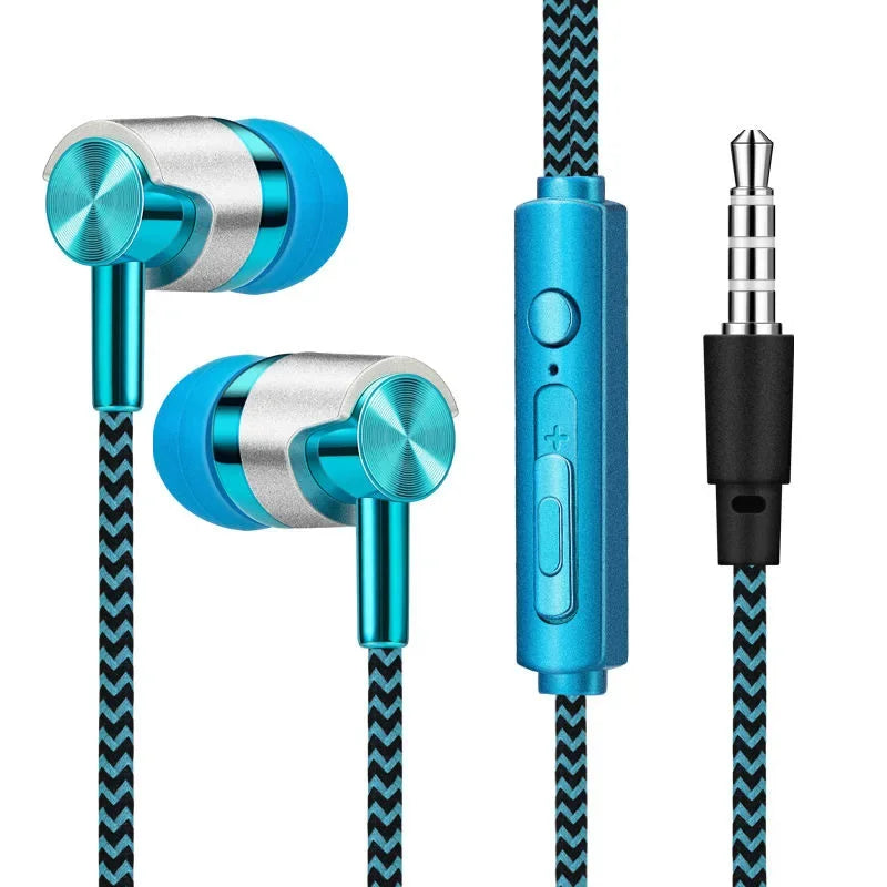 Blue and silver earphones with control unit on a white background