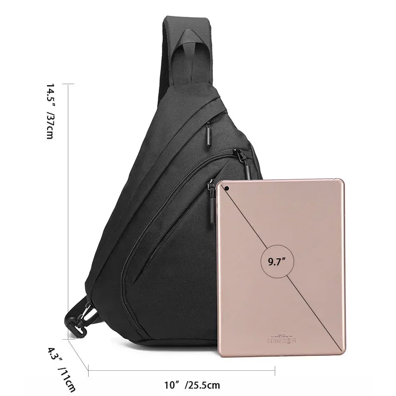 Black sling bag with dimensions and a tablet for scale on a white background