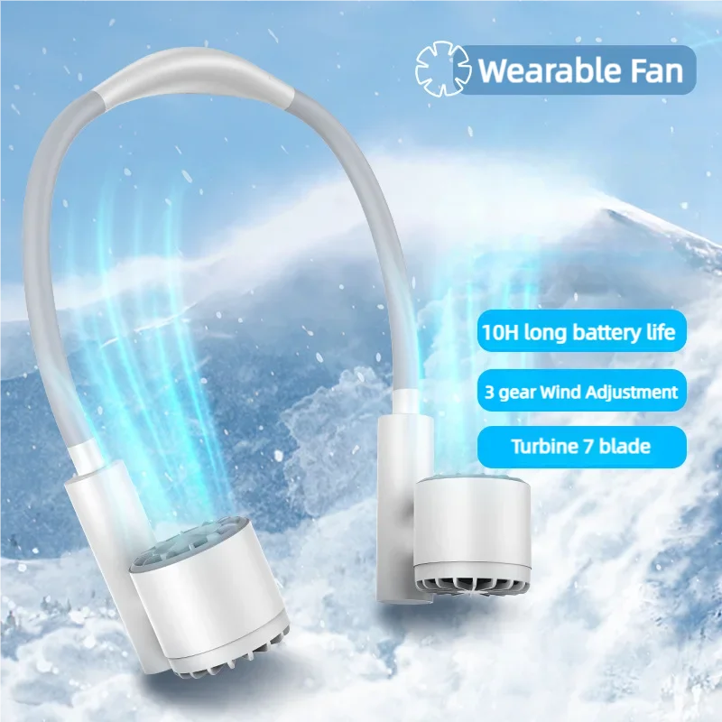 Wearable fan with snowflake background and feature text