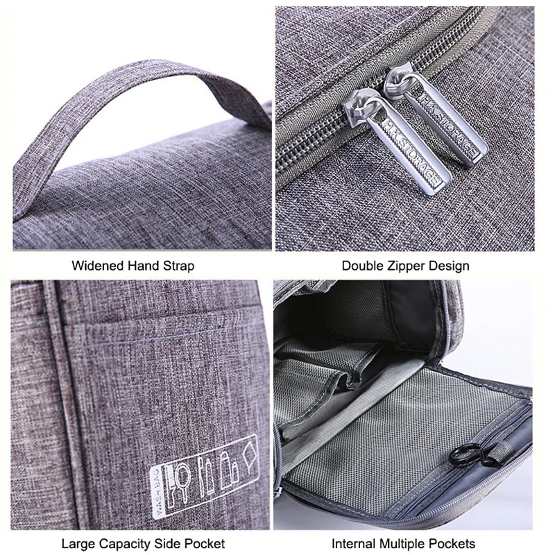 Gray backpack with widened hand strap, double zipper design, large capacity side pocket, and internal multiple pockets.