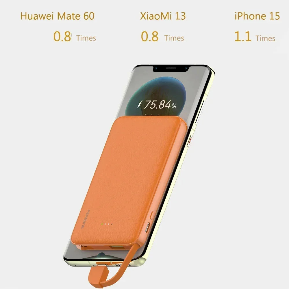 Orange power bank with smartphone displaying battery percentage on a white background