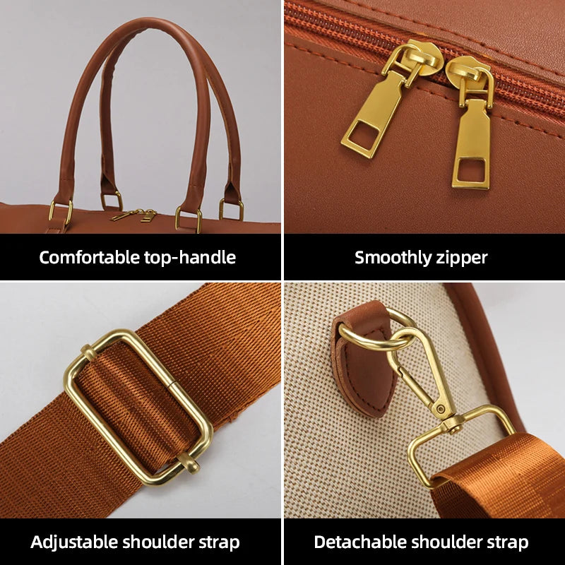 Brown bag with top handle, zipper, and shoulder strap on a gray background