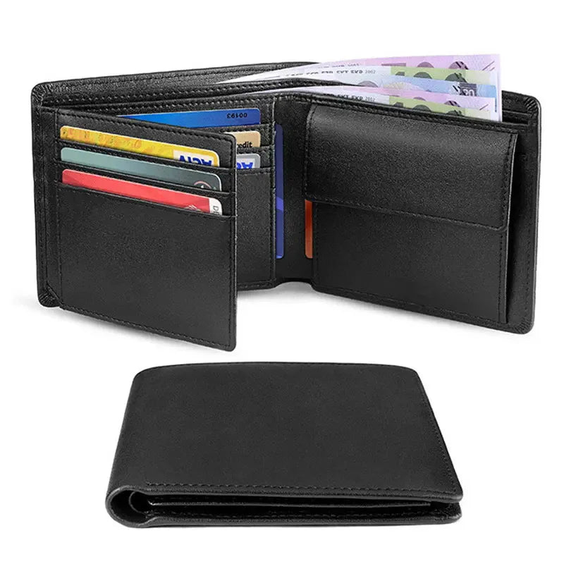 Black leather wallet with card slots on a white background