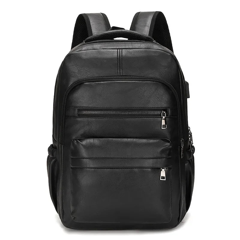 Black leather backpack on a white background