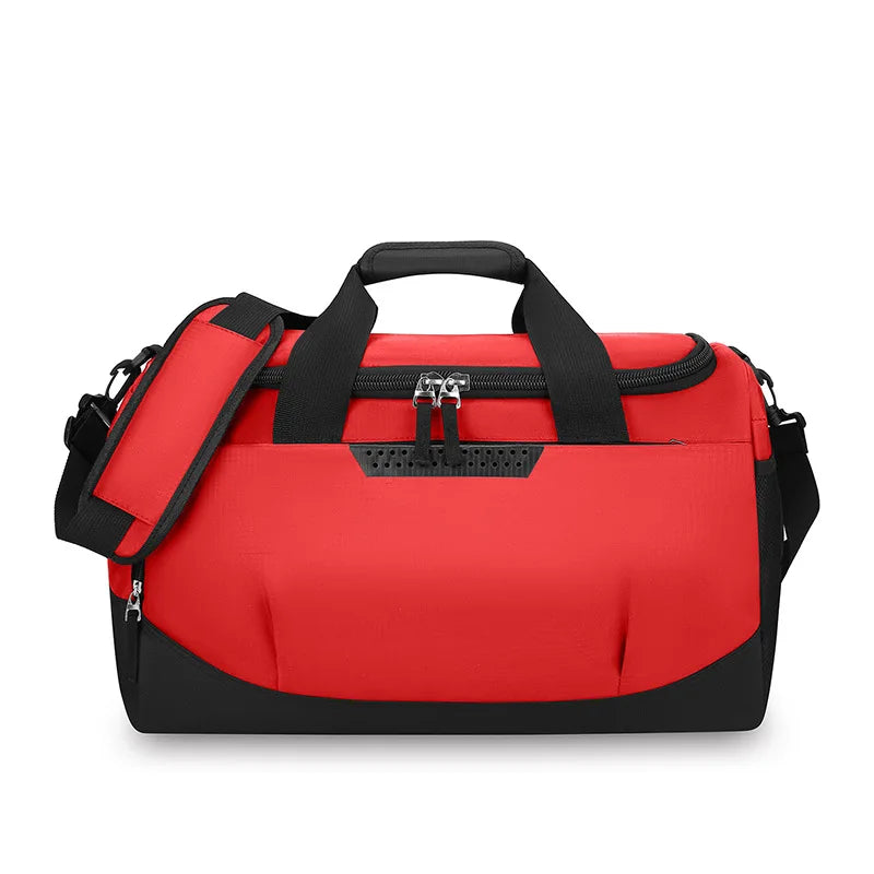 Red and black duffel bag with a shoulder strap on a white background