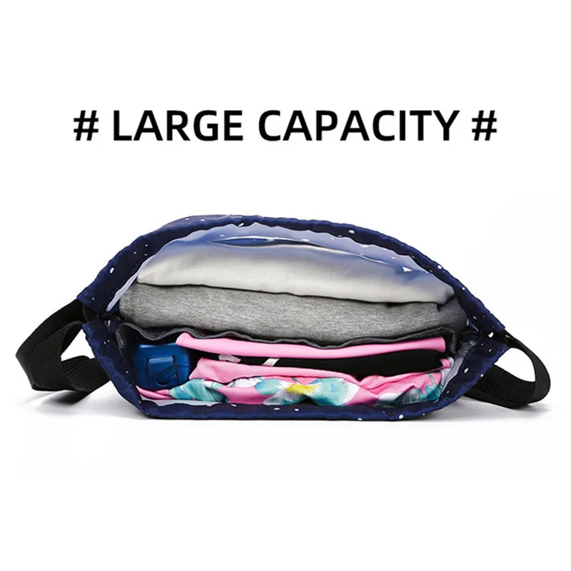 Fanny pack with colorful contents on a white background, emphasizing large capacity.