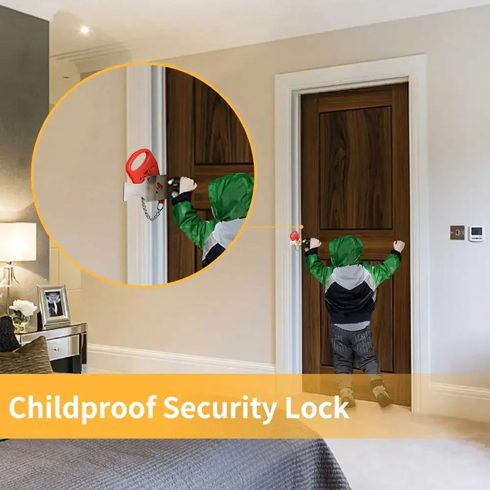 Childproof security lock being used to secure a door with a child in a green hoodie.