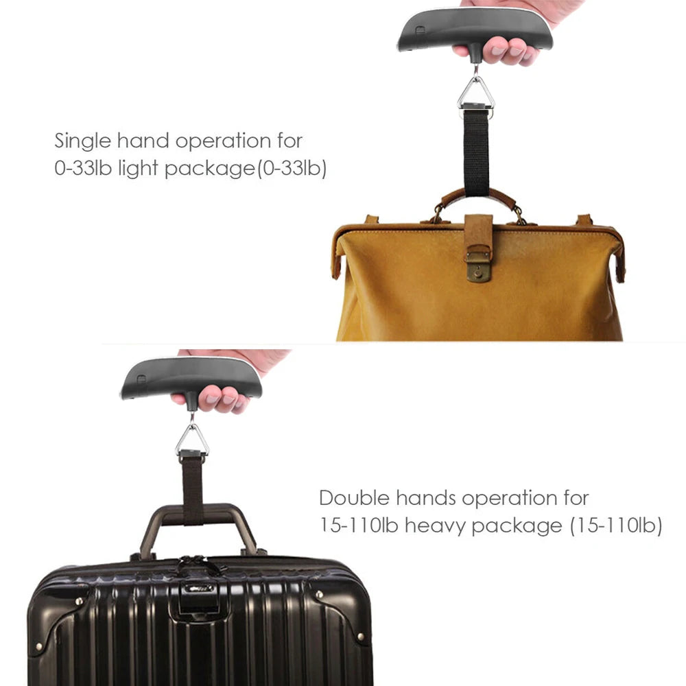 Two scenarios showing a luggage scale with a brown bag and a black suitcase.
